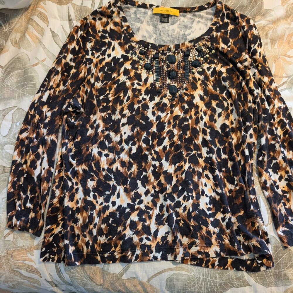 St John Leopard Long Sleeve Top with Embellishment    Size XL